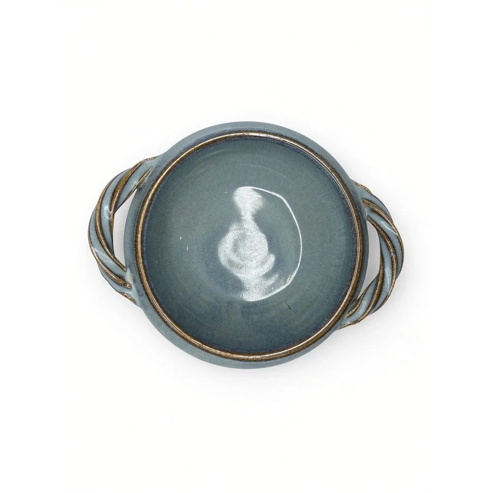 Hollman Studio Pottery Blue Glaze Bowl Twisted Handles Signed Stoneware 8in